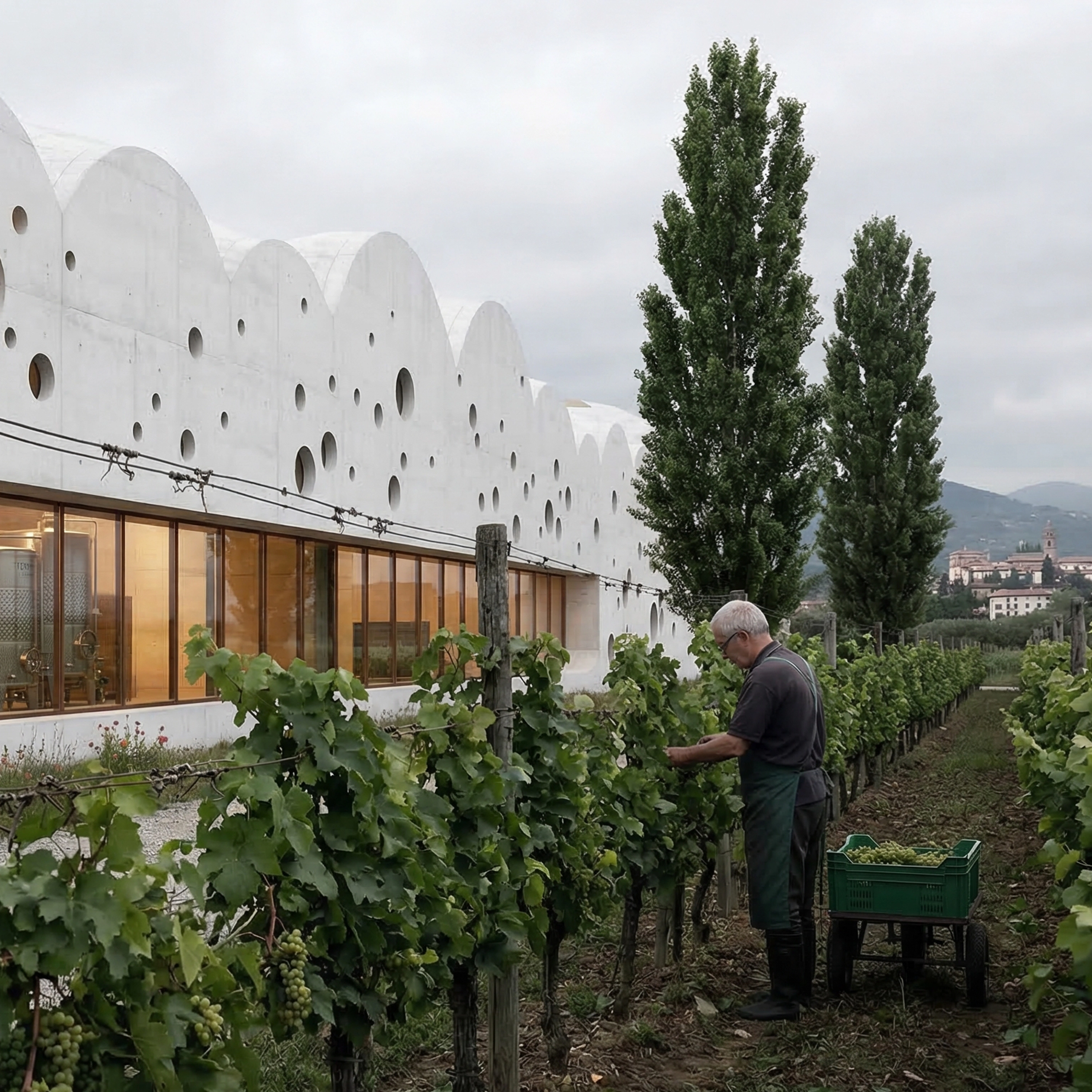 Wine culture centre set behind rows of grapevines.